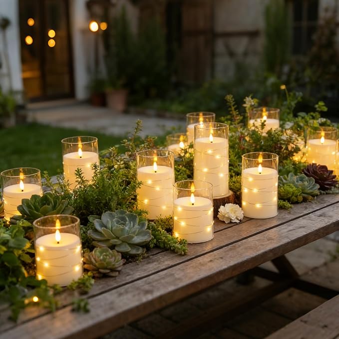 kakoya Flameless LED Candles with Timer 12 Pc Flickering Flameless Candles for Romantic Ambiance and Home Decoration Stable Acrylic Shell,with Embedded Star String,Battery Operated Candles(White)