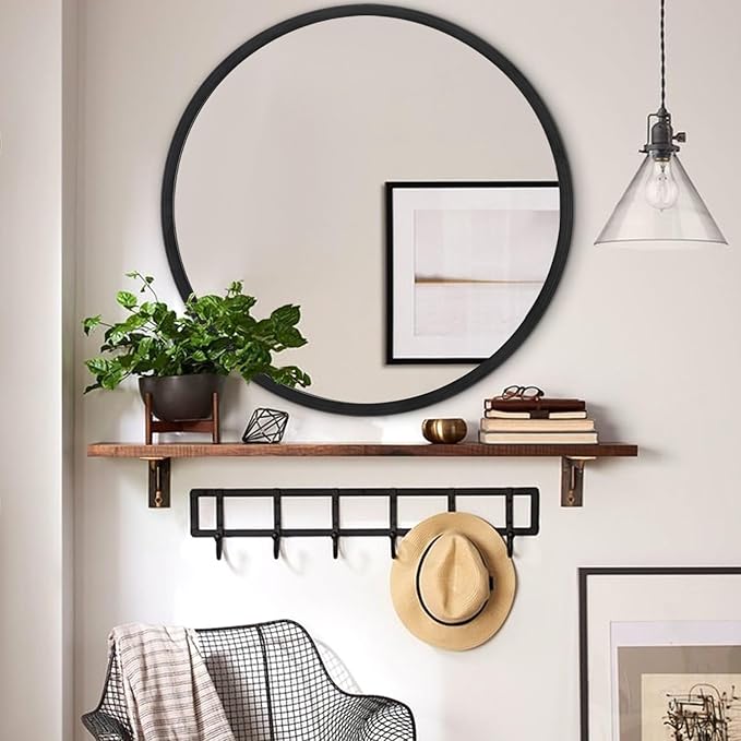 JJUUYOU Circle Wall Mirror 20 Inch for Home Decor Black Round Mirror for Bathroom Wall Mounted Metal Aluminum Frame Vanity Mirror for Living Room, Bedroom, Washroom, Dorm