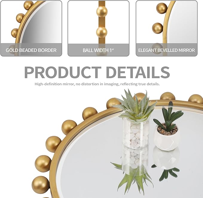 24x36 Inch Arched Wall Mirror with Antique Gold Ball Frame, Beveled Arched Decorative Wall Mirror, Vintage Gold Accent Mirror for Living Room, Entryway, Bedroom, Hallway & Over Console Decor