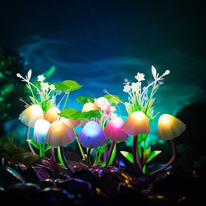 Mudder 6 Pack Mushroom Night Light LED Night Light Plug in Lamp 7 Color Changing Magic Cute Shaped Lamp Wall Decor for Adults Bathroom Home(Water Plants, Lotus Leaves)