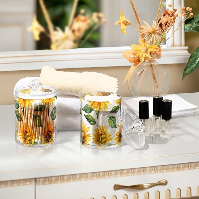 2 Pack Qtip Holder Dispenser for Cotton Ball Yellow Sunflower Cotton Swab Cotton Round Pads Clear Plastic Acrylic Jar Set Bathroom Canister