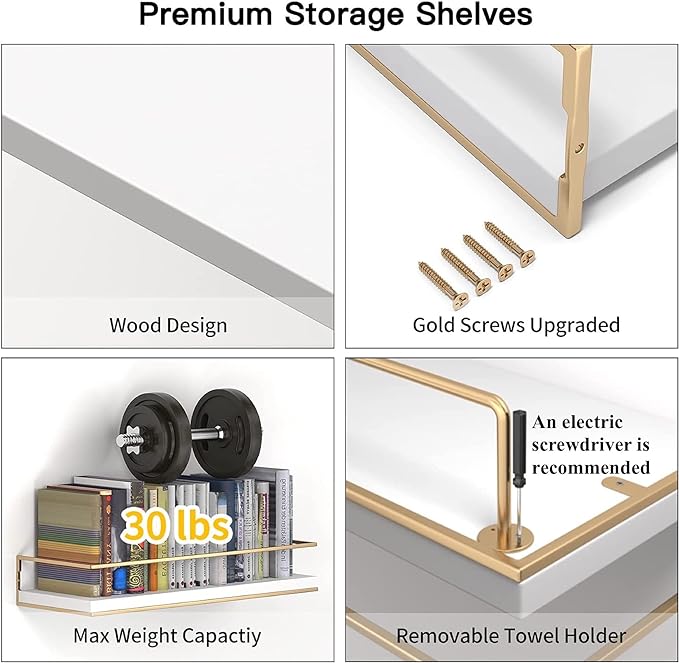 Shario White Floating Shelves - Set of 2, Wall Mounted Hanging Shelves with Golden Towel Rack, Decorative Storage Shelves for Bathroom, Kitchen, Living Room & Bedroom (White Gold, 15.7 Inches) | Hanging Shelves, for Bathroom, Kitchen, Living Room, Bedroom