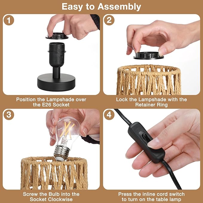 Fenmzee Small Table Lamp for Bedroom - Inline Control, Bedside Lamp with 3000K A15 LED Blub, Easy Assembly(Rattan Rope Shade-Black Base,9" Inline Control)