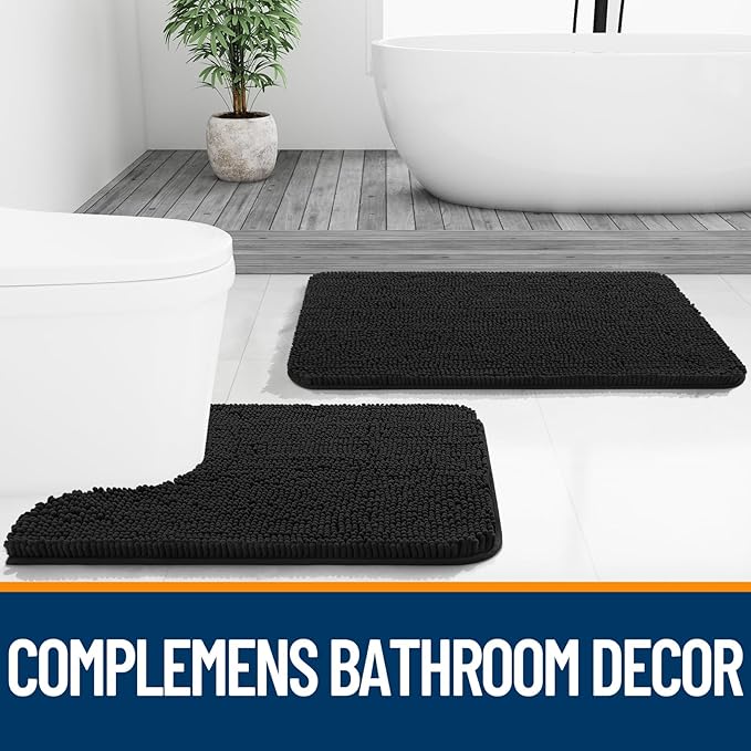 OLANLY Bathroom Runner Rugs 59x24, Extra Soft Absorbent Chenille Bath Rugs, Rubber Backing Quick Dry, Machine Washable Long Bath Mats for Bathroom Floor, Tub and Shower, Home Decor Accessories, Black