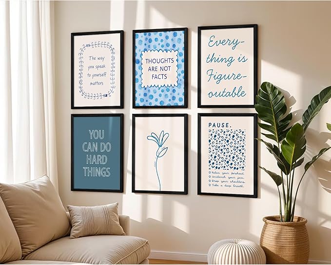 Mental Health Wall Decor Therapy Office Canvas Wall Art Posters Blue Boho Motivational Picture Psychology Artwork Inspirational Positive Quotes Prints for Counseling Office 12x16 Inch Wood Framed 6Pcs