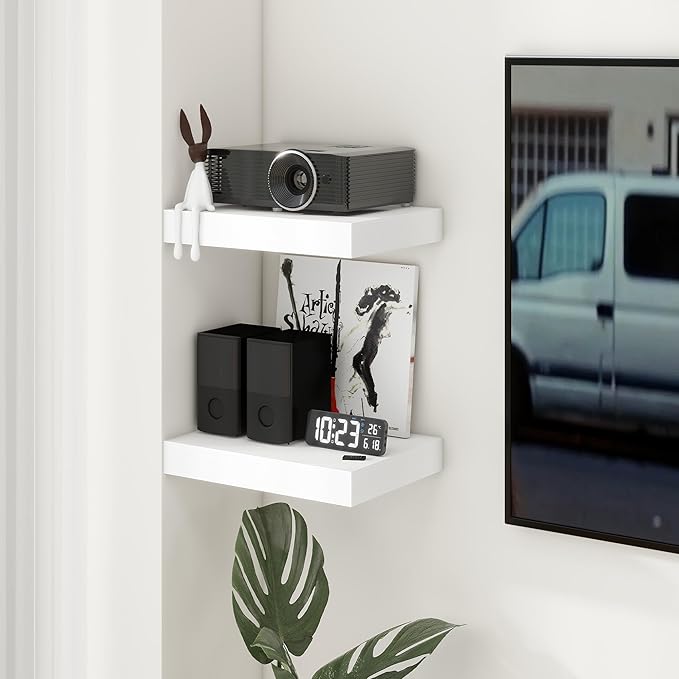 FLYJOE 12 Inch Deep Floating Shelves | 16 Inch White Floating Shelves Set of 2 | Rustic White Deep Shelves for Wall | White Wall Shelves for Living Room Bathroom Kicthen Bedroom