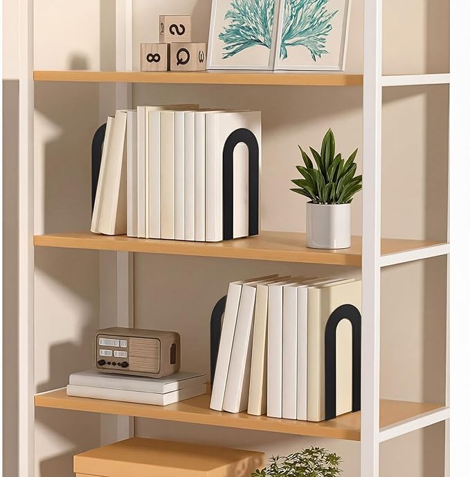 Chunful 6 Pcs Black Modern Metal Book Ends for Shelves Decorative Small Bookends Book Shelf Organizer Minimalist Design Stopper to Hold Books for Home Office (7.5 * 5.75 * 3.5inch)