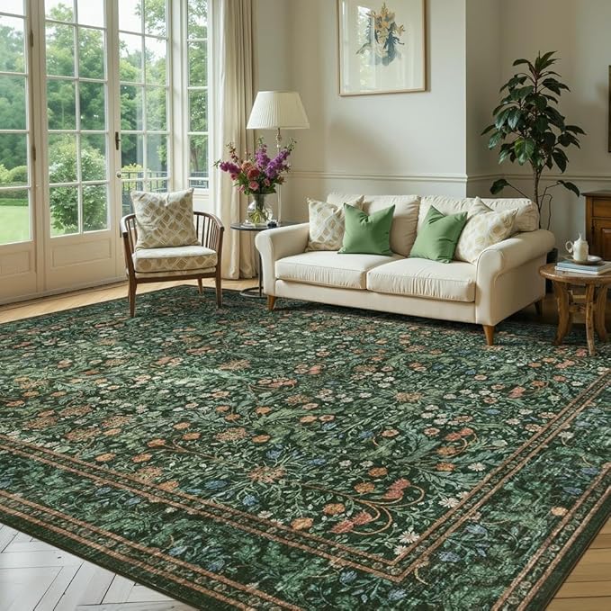 Rugxara 8x10 Area Rugs for Living Room Bedroom, Large Washable Rug, Green Vintage Floral Boho Rug, Non Slip & Low Pile Faux Wool Thin Carpet for Indoor Dining Room and Kids Room(Green 8x10ft)