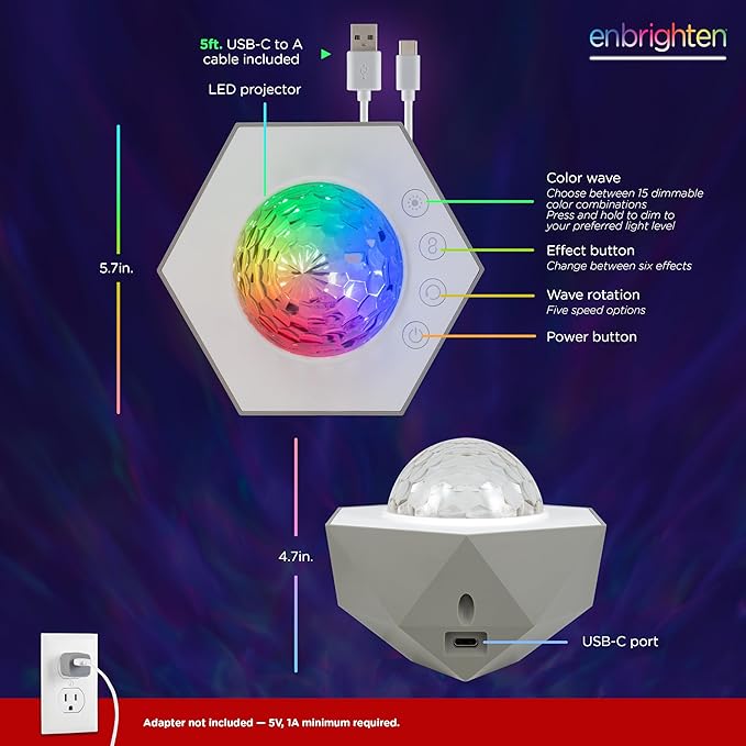 Enbrighten Galaxy Night Light Projector – Star, Aurora & Nebula Ceiling Projector with 15 Color Combinations – USB-C Powered Tabletop Light for Bedroom, Playroom, Game Room & Parties (70333)