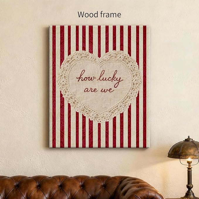 How Lucky Are We Wall Art Red Stripe Affirmation Quotes Poster Coquette Love Lace Heart Canvas Print Fashion Preppy Aesthetic Wall Decor Valentines Day Couple Gift 12X16 inch Wood Framed
