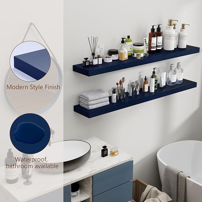 fuqing Dark Blue Floating Shelves 48 Inch, Solid Wooden Wall Shelves Set of 2, Rustic Floating Wall Shelves for Decor & Storage for Living Room Bedroom Bathroom