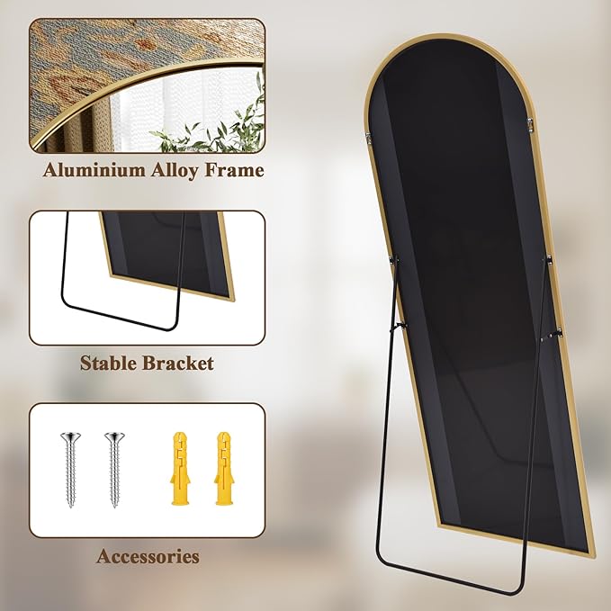 Arched Full Length Mirror 65"x24" - Floor Standing Body Mirror with Aluminum Frame,Leaning Hanging for Bedroom Cloakroom Living Room Gold