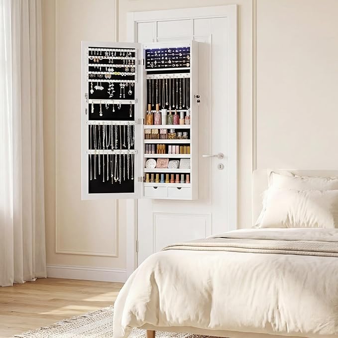 Sweetcrispy Jewelry Organizers and Storage, Wall/Door Mounted Jewelry Armoire with Full Length Mirror, 47.2" Tall Mirror with Storage, Automatic 6 LED Lights, Lockable, 2 Drawers, White