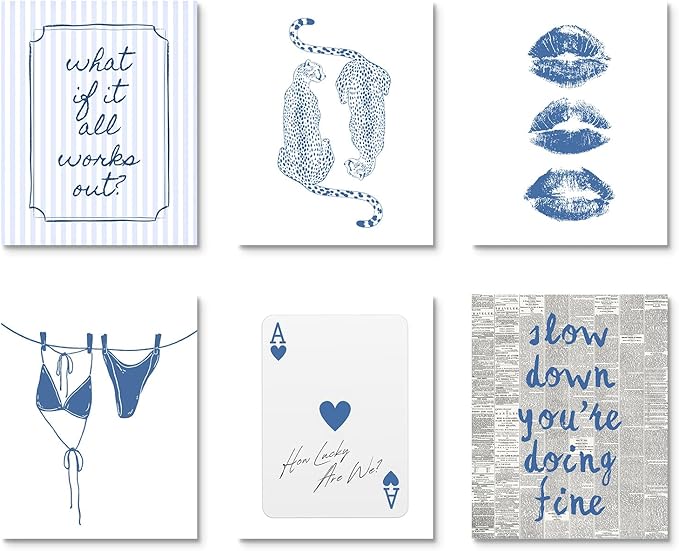 Habseligkeit Blue Wall Art Prints, Cute Wall Decors for Room Aesthtic, Posters for Girls Bedroom Decor Aesthetic Unframed, 8X10in, Set of 6