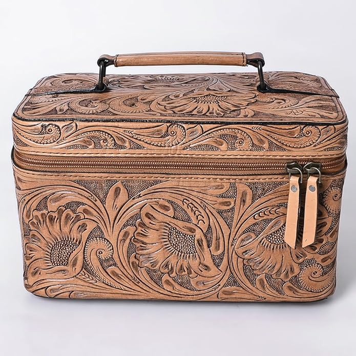 American Darling Western Hand Tooled Leather Jewelry Case | Handcrafted Travel Makeup Bag with Handle and Divided Interior