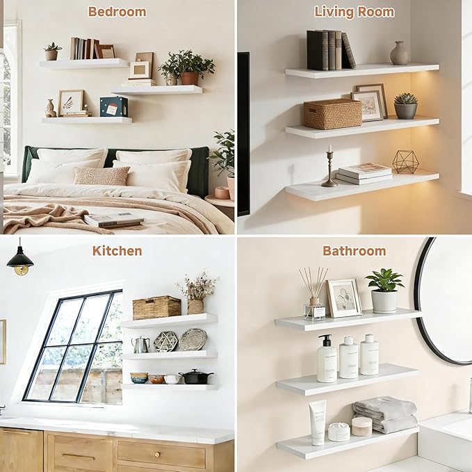 Easy Install Floating Shelves, 15.7 Inch Wall Mounted Wooden Shelf, Small Hanging Shelf for Home Decor, Books and Storage, Organizer for Bedroom, Bathroom, Kitchen, Set of 3, White