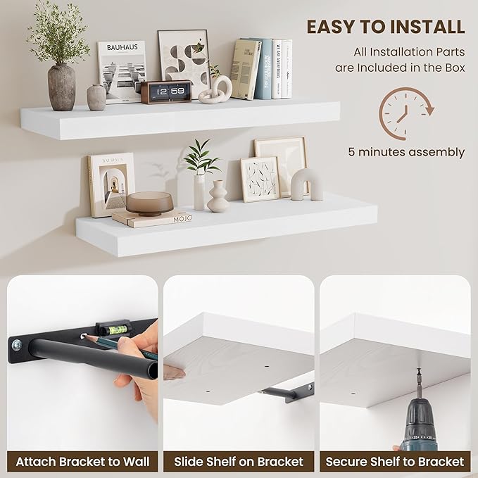Fun Memories 48 Inch Floating Shelves for Wall - 12 Inch Deep Fireplace Mantel Shelf - Wood Floating Shelf for Wall - Large Storage Shelves Wall Mount for Living Room & Bedroom - White - Set of 2