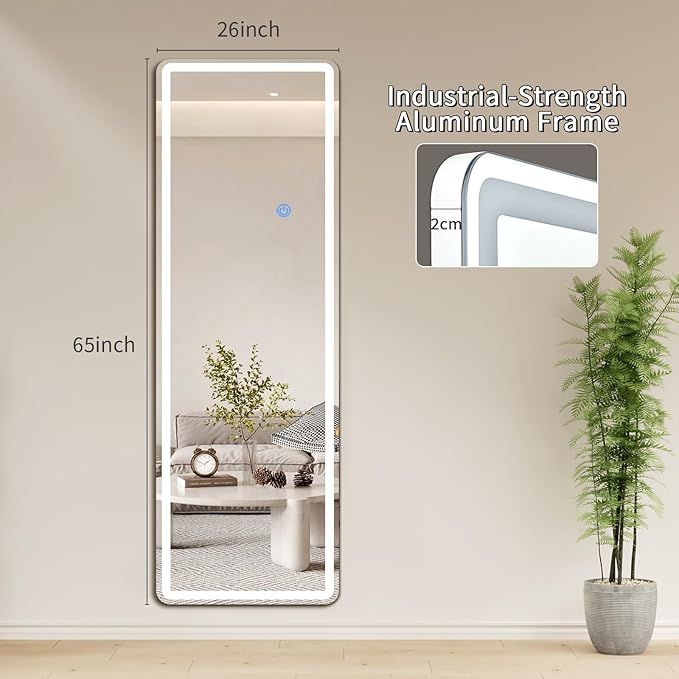 Koonmi Full Length Mirror with LED Lights, 65"x26" Lighted Mirror with Dimming & 3 Color Lighting, Big Mirror for Bedroom, Dressing Room, Rectangle,White