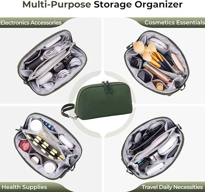 FYY Travel Cable Organizer - 8 Compartments Lightweight Water Resistant Tech Pouch with Wrist Strap, Electronic Accessories Case for Cord Charger Storage for Travel Home Office, Green (Medium)