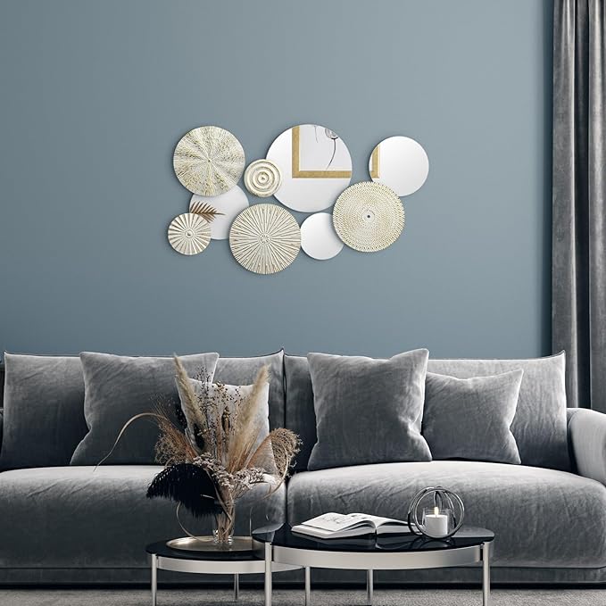Blulu 9 Pcs White Gold Mirror Wall Decor Metal Round Home Art Decor Decorative Modern Circle Mirror Wall Art Sculpture Hanging Decorations for Home Living Room Office