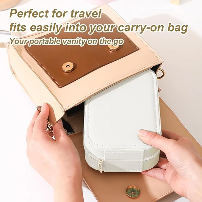 Portable LED Makeup Bag with Adjustable Light-Up Mirror - Three-Color Lighting | Dust-Proof Cosmetic Case with Multi-Compartment Storage and Jewelry Organizer (White)