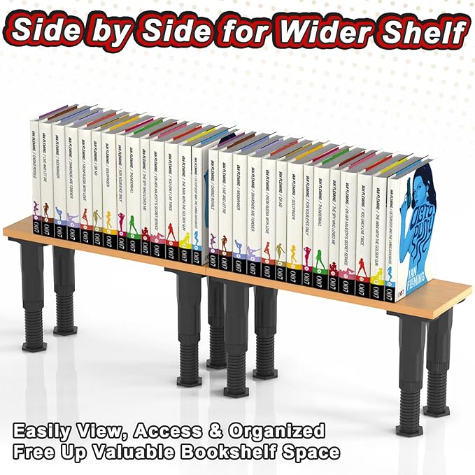 Manga Shelf Risers, 2 Pack Bookshelf Risers for Double Row Book Display, Height Adjustable, Light Wood Finish, Space Saving Organizer for Manga, Figures & Collectibles
