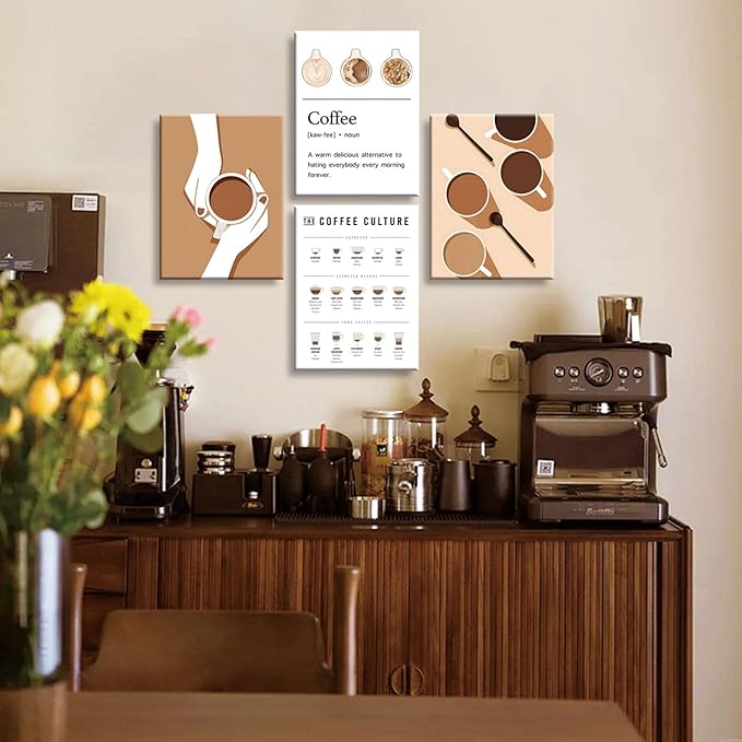 NCYEL 4pcs Modern Minimalist Coffee Wall Art Kitchen Coffee Shop Pictures Simple Home Decor Aesthetic Posters Neutral Brown and Beige Bar Decor 8x10 Inch unframed