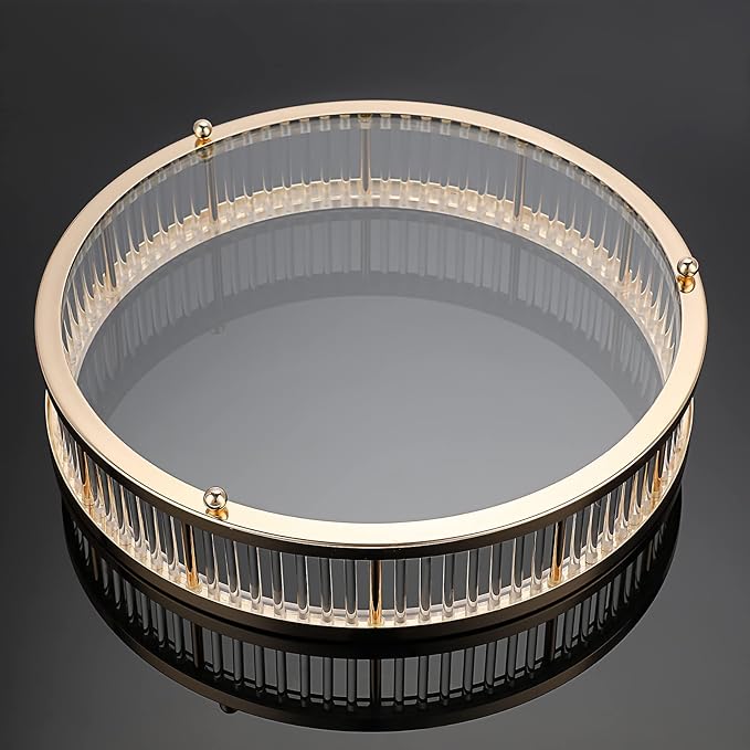 Hipiwe Gold Metal Perfume Tray - 12" Round Vanity Makeup Tray Jewelry Trinket Organizer Tray Coffee Table Decorative Tray Dresser Bathroom Tray with Acrylic Column Decor and Clear Glass Base
