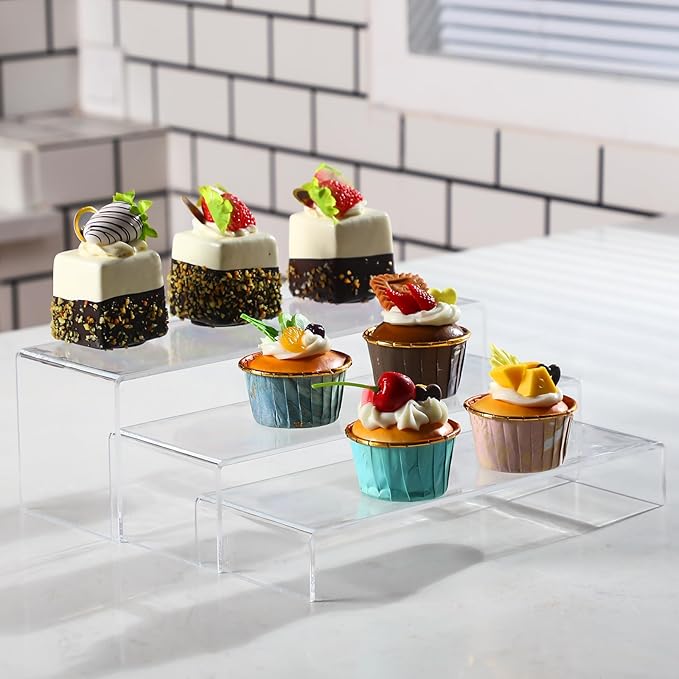 Teenyyou 12 Pcs Acrylic China Display Stand Set Include 6 Clear Rectangular Acrylic Dinnerware Display Shelves 2 Pcs 3 Tier Plate China Stand 4 Teacup Saucer Rack for Tableware Organizer Candy Dessert