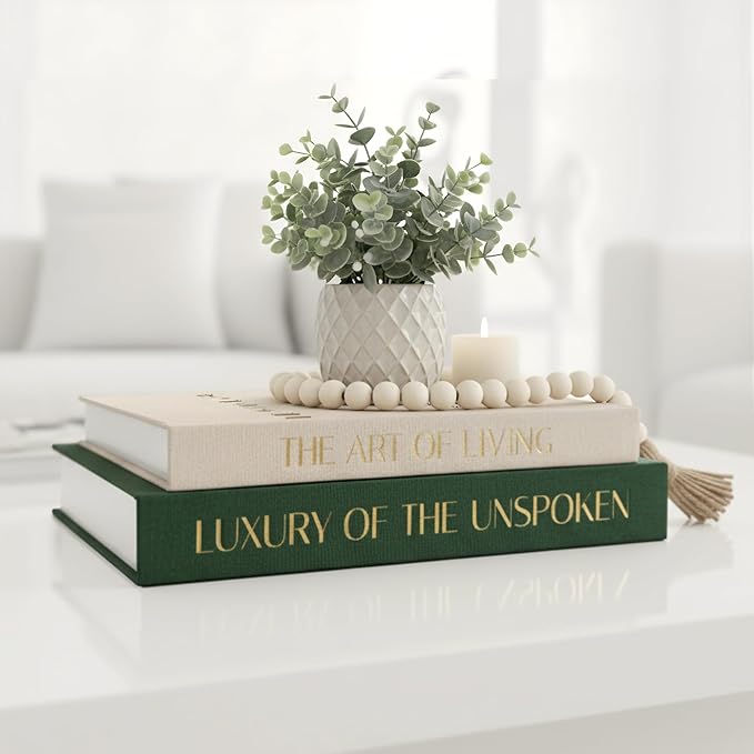 Decorative Books for Home Decor (Set of 2), Linen Fake Books for Decoration, Home Decor for Coffee Table Book, Fake Book Decor Aesthetic Set, Photo Storage and Keepsake Box (Beige + Green)