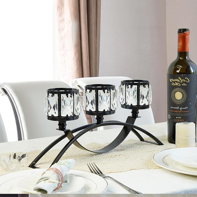 3 Arms Crystal Candle Holders, Arch Candlestick Table Candelabras Centerpieces for Wedding, Dinning Room, Cabinet Ornaments, Home Decoration, Gift (Black, 2 Pcs-3 Arm Arched)