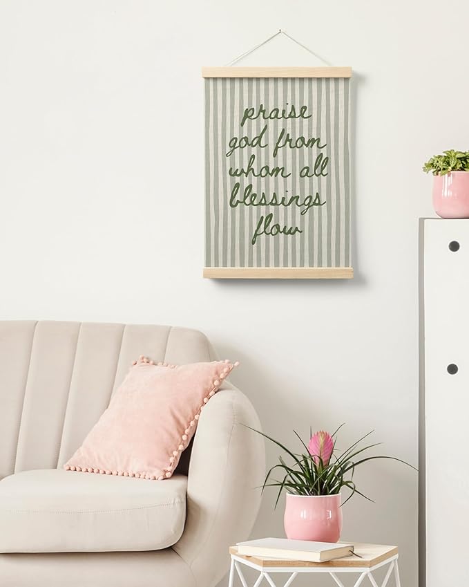 FGFK Sage Green Christian Wall Art Poster Hanger Frame, Trendy Striped Praise God From Whom All Blessing Flow Bible Verse Scripture Canvas Prints Framed Wall Decor for Room Home Dorm, 12x16 Inch