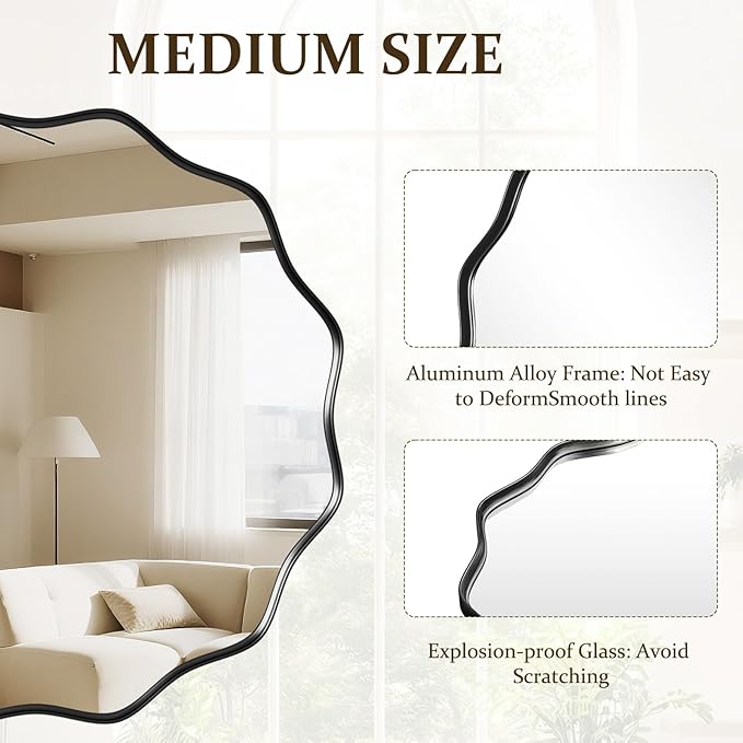 Round Wavy Mirror 20 Inch Bathroom Vanity Mirror Metal Frame Circle Wall Mounted Mirror for Bedroom Living Room Entryway Black