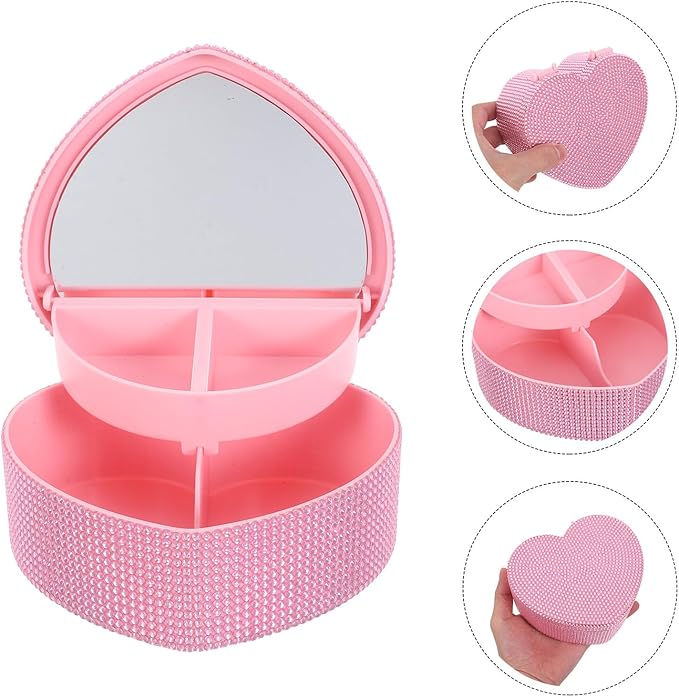 Abaodam Pink Heart-shaped Jewelry Box with Mirror, Double Layer Plastic Organizer for Earrings Necklaces Bracelets, Cosmetic Storage Case for Women and Hair Accessories