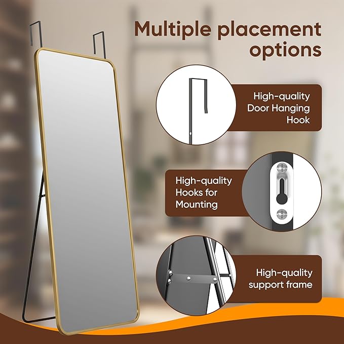 Antok 48''x 14'' Full Length Mirror Over Door, 4-in-1 Standing Leaning Wall Mounted, Adjustable Hanging Mirror for Bedroom Living Room, Gold, Rounded Corner