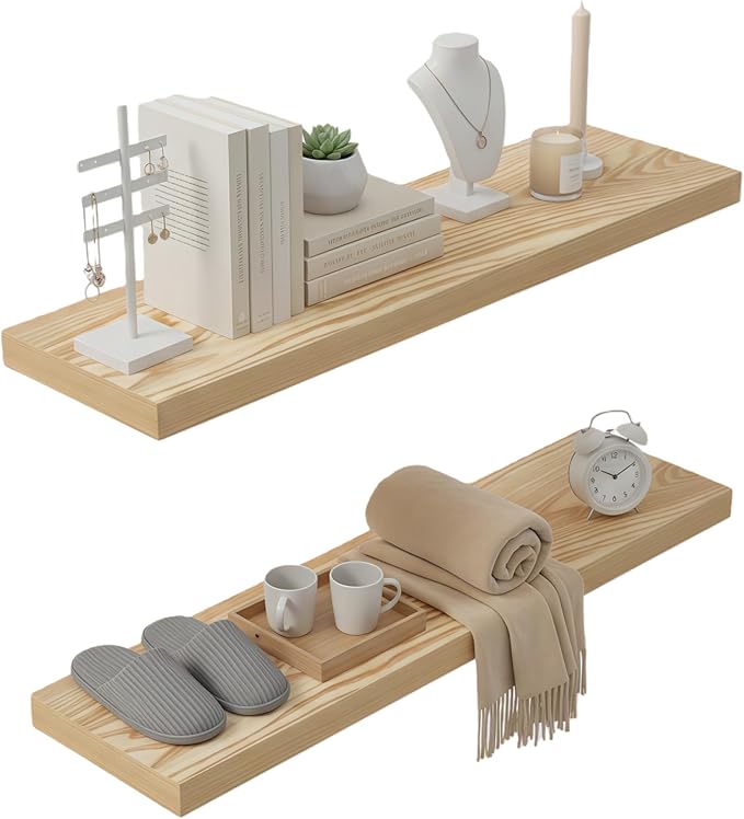 Lufia Floating Wall Shelves, Set of 2, MDF with Invisible Brackets, Modern Storage for Bedroom, Bathroom, Living Room, Kitchen (Oak, 28" W x 7" D x 1.5" H)