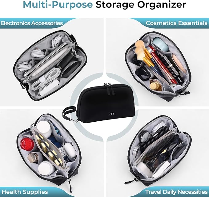FYY Travel Cable Organizer - 8 Compartments Lightweight Water Resistant Tech Pouch with Wrist Strap, Portable Electronic Accessories Case for Cord Charger Storage for Travel Home Office, Black (Small)