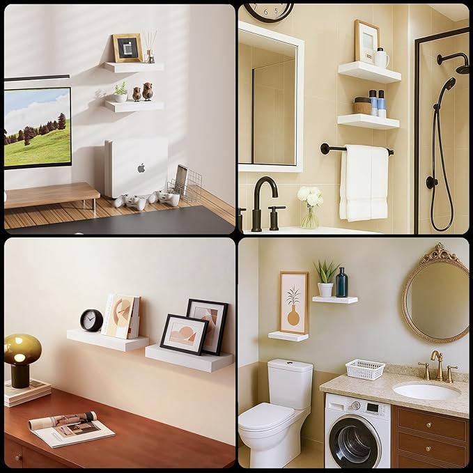 Floating Shelves for Wall White Shelves Bathroom, Bedroom and Living Room, Wall Shelves & Book Shelf, Hanging Shelf, Modern Wooden Wall-Mounted Small Floating Shelf, 12x7x1.5 in, Set of 2