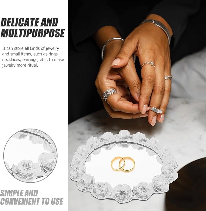 SAFIGLE Decorative Mirror Rose Jewelry Tray Pearl White Resin Vanity Tray Perfume Organizer for Bathroom Dresser Makeup Storage