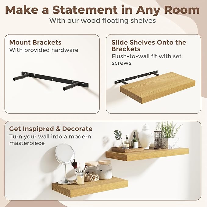 Fun Memories 12 Inch Deep Floating Shelves, 40 x 12 Floating Shelves for Wall Set of 2, Extra Deeper Hanging Wood Wall Shelves for Bedroom, Living Room, Kitchen, Oak