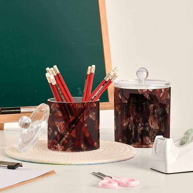 Reddish-brown Vintage Flowers Clear Plastic Makeup Organizer Storage with lid Pantry Essentials Decorative Dental floss storage jar for Cotton Swabs,Cotton Pads,Floss Picks,Paper Clips,Hair