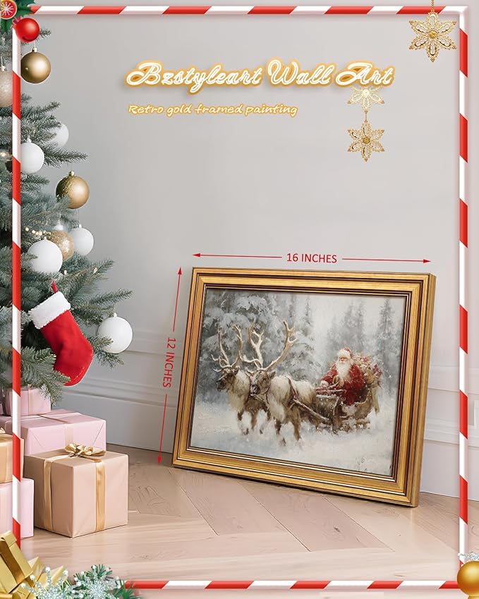 Bzstyleart Vintage Wall Art Decor Framed Christmas Festival Wall Art for Bedroom, Santa Claus and Reindeer Christmas Decoration for Home, 12x16 Inch Reindeer Picture