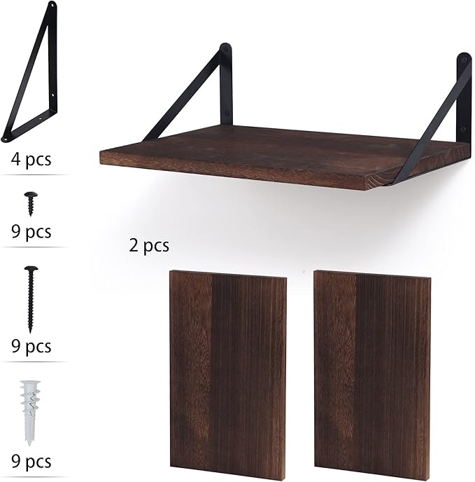 Marsmiles Floating Shelves for Wall, 12 Inch Deep Wood Wall Mounted Shelves Set of 2, 16W x 12D Rustic Wide Floating Shelves for Bedroom Kitchen Living Room, Rustic Brown