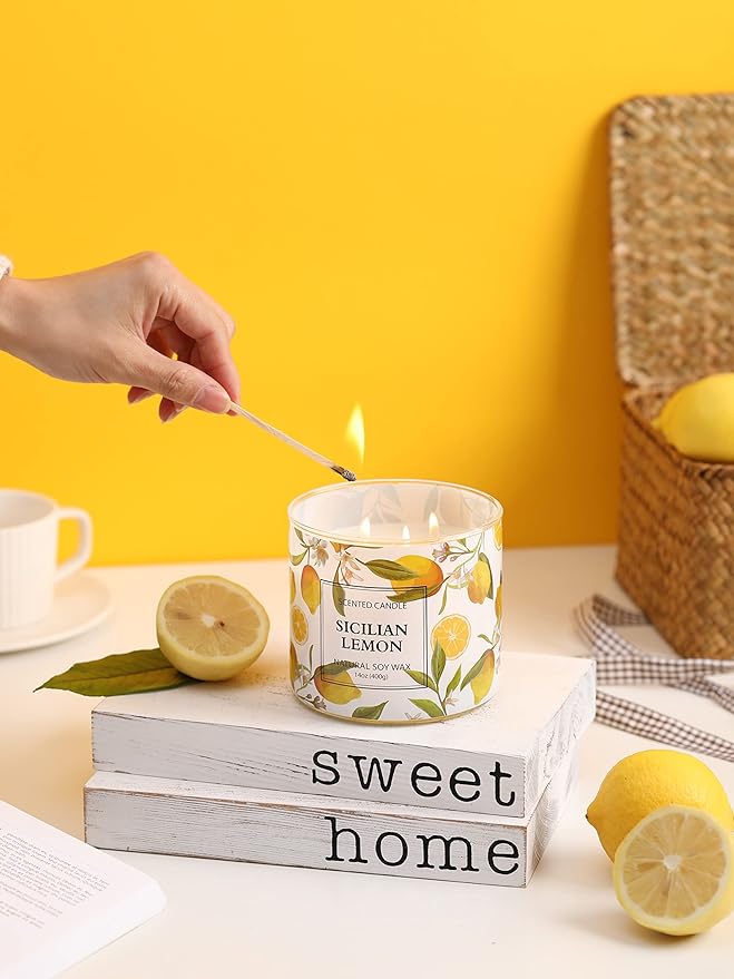 Lemon Candle, Sicilian Lemon Scented Candle, Large 3 Wicks Candle, 14 oz