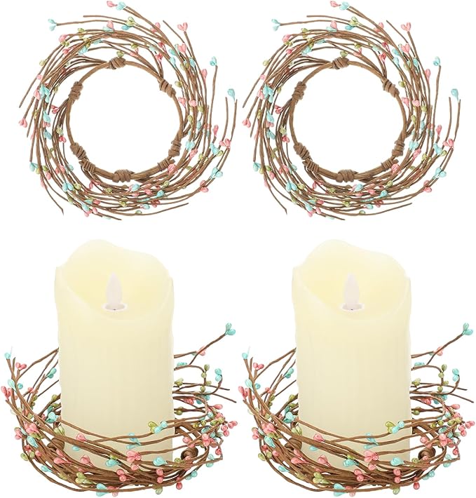Daifunli 2 Pcs Spring Country Primitive Pip Berry Candle Ring Vintage Pip Berries Wreaths for Pillar 3.9 Inch Candles Holder for Spring Easter Rustic Table Centerpiece Decor