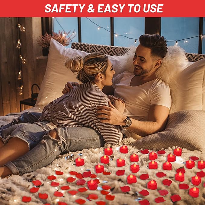 Cridoz Rose Petals for Romantic Night - Artificial Red Rose Petals with LED Candles for Decoration, Wedding, Valentine's Day