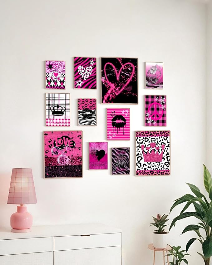 KBKBART Mcbling Y2k Room Decor Aesthetic, 12 Pcs Trashy Y2k Posters and 50 Pcs Y2k Sticker for Teen Girl's Bedroom, Early 2000s Room Decor, Hot Pink Wall Art Aesthetic Pictures, Emo Baddie Prints Wall Collage for Dorm Bedroom Apartment Decor (UNFRAMED)