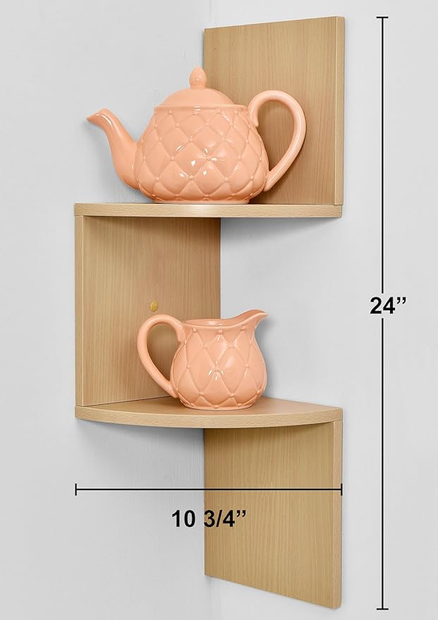 Greenco 2-Tier Corner Shelves, Natural Finish | Floating Wall-Mounted Home Decor Set | Wall Shelf | Living Room, Bedroom, Bathroom, Office, House, Cubicle Accessories/Decorations/Storage/Organizer