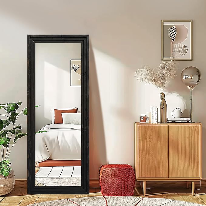 Full Length Mirror 58"x22" Solid Wood Frame Floor Large Mirror for Living Room, Bedroom Hanging or Leaning Wall-Mounted, Black