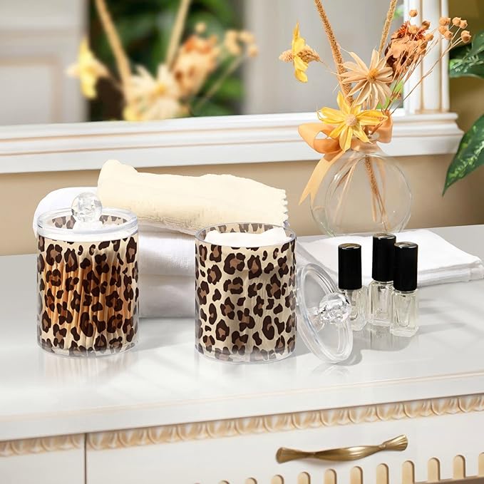 4 Pack Qtip Holder Dispenser Leopard Print Cheetah Cotton Ball Cotton Swab Round Pads Floss Clear Bathroom Storage Containers Plastic Apothecary Jars with Lids